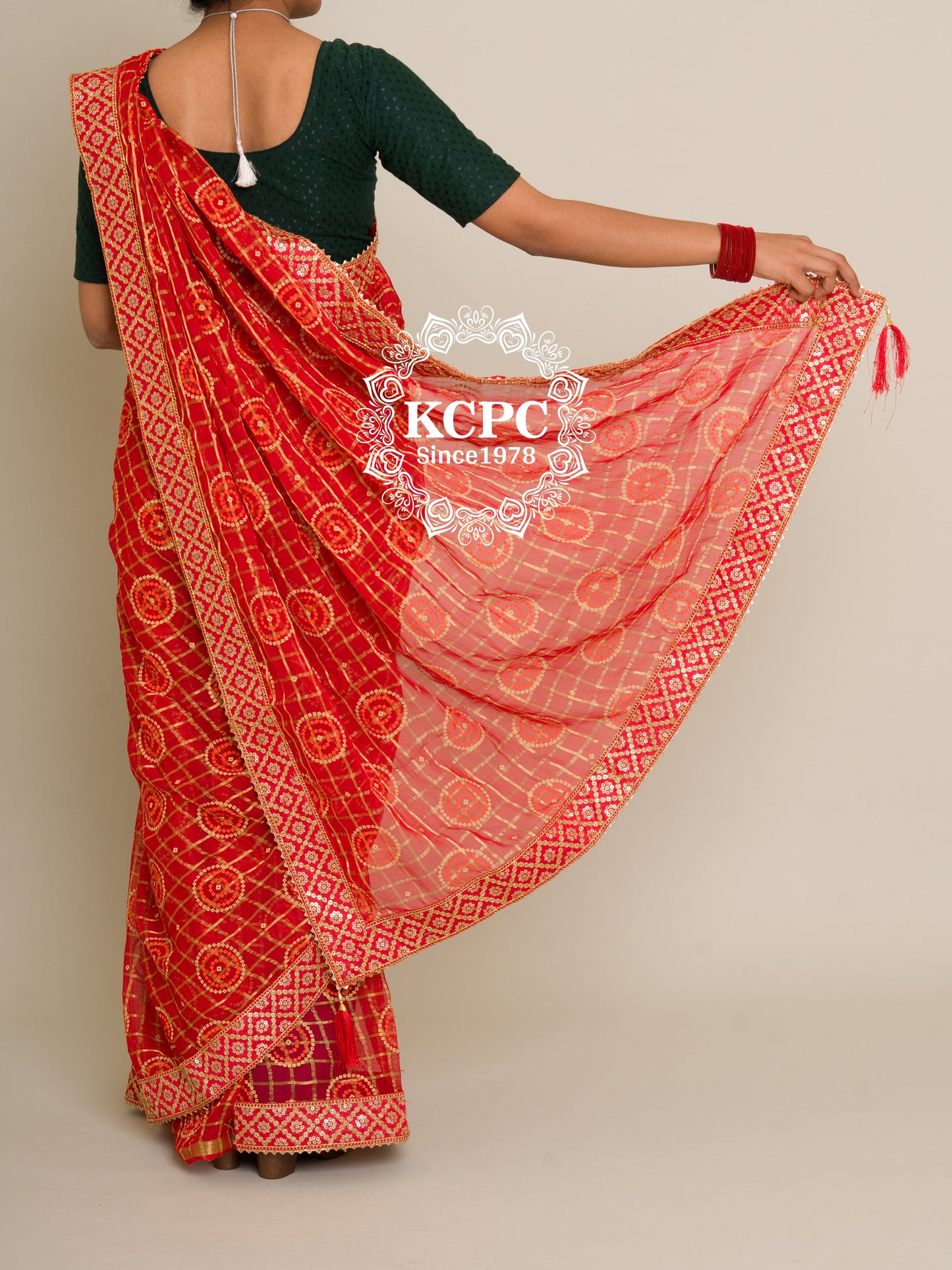 Pure Georgette Bandhani Ghatchola KcPc Gotapatti Border Saree