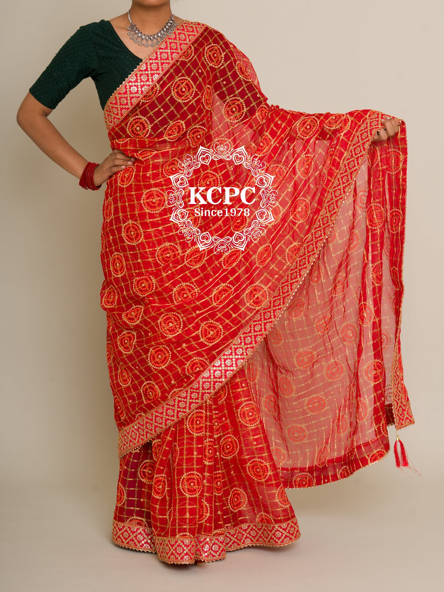 Pure Georgette Bandhani Ghatchola KcPc Gotapatti Border Saree