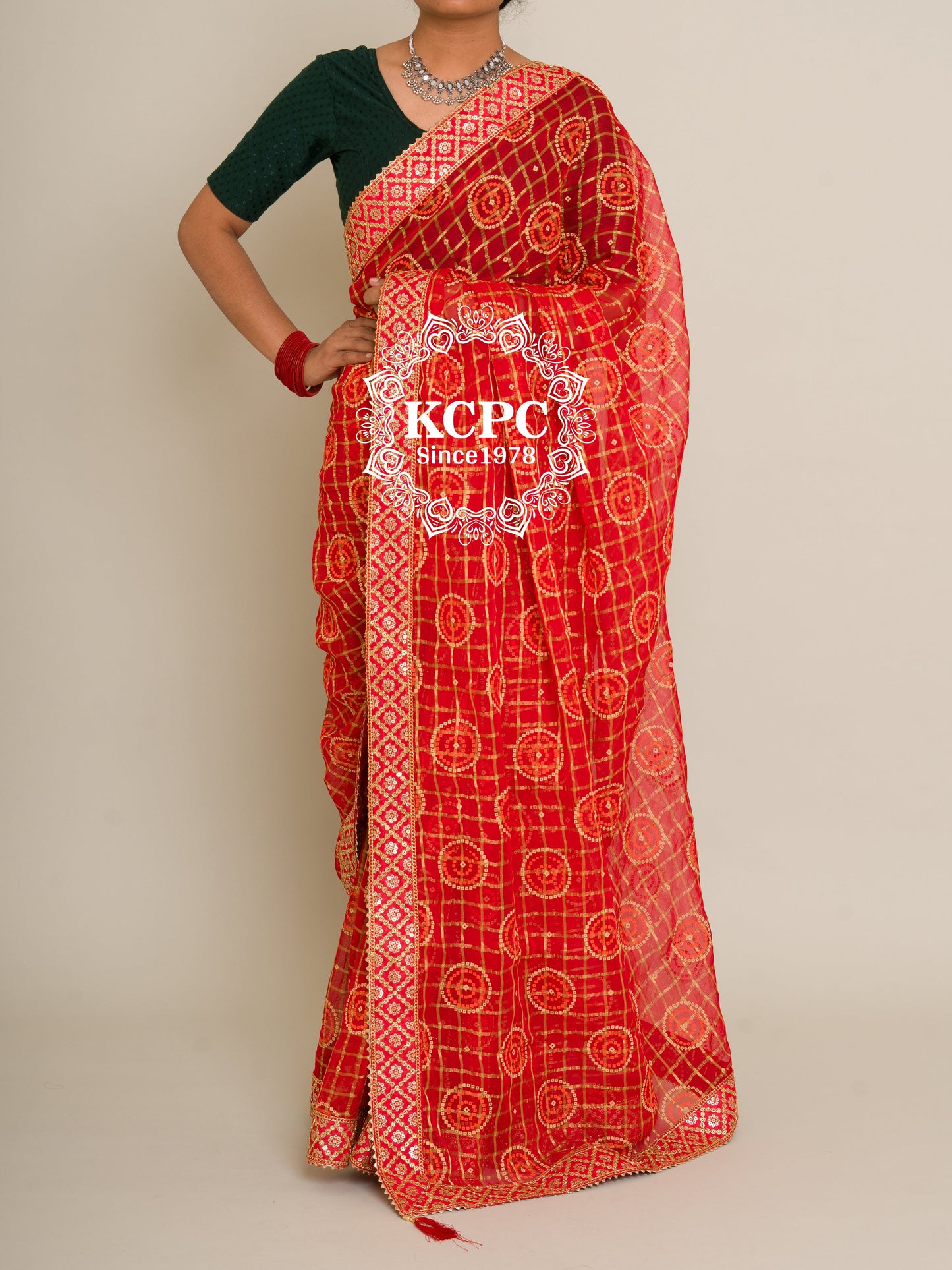 Pure Georgette Bandhani Ghatchola KcPc Gotapatti Border Saree