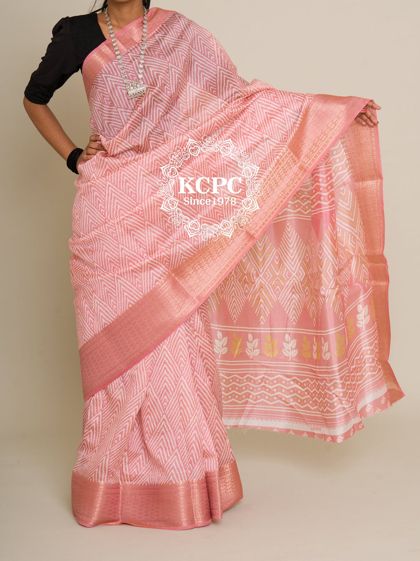 New KcPC Ajrakh Pestel Banarasi Border Cotton Silk Saree with Blouse, SWA