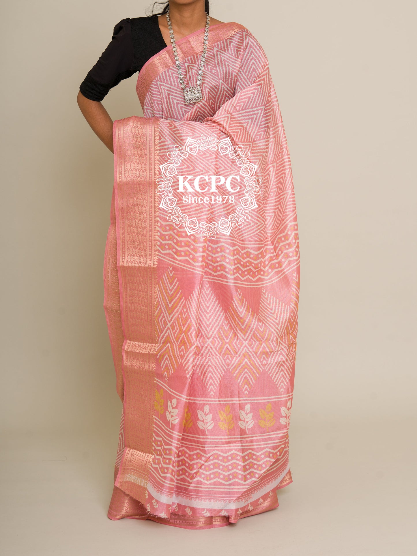 New KcPC Ajrakh Pestel Banarasi Border Cotton Silk Saree with Blouse, SWA