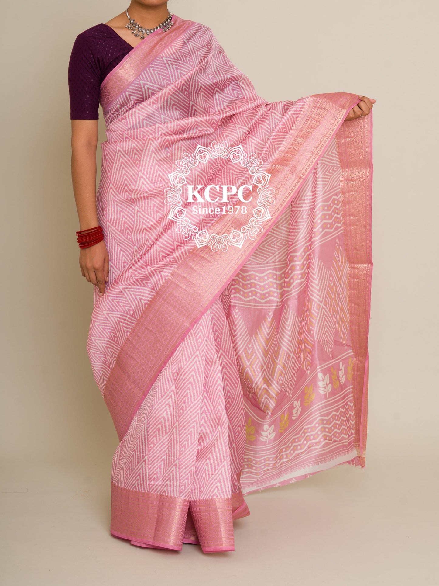 New KcPC Ajrakh Pestel Banarasi Border Cotton Silk Saree with Blouse, SWA