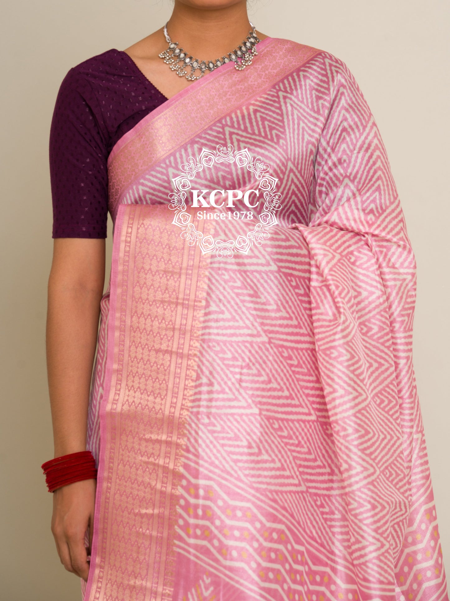 New KcPC Ajrakh Pestel Banarasi Border Cotton Silk Saree with Blouse, SWA