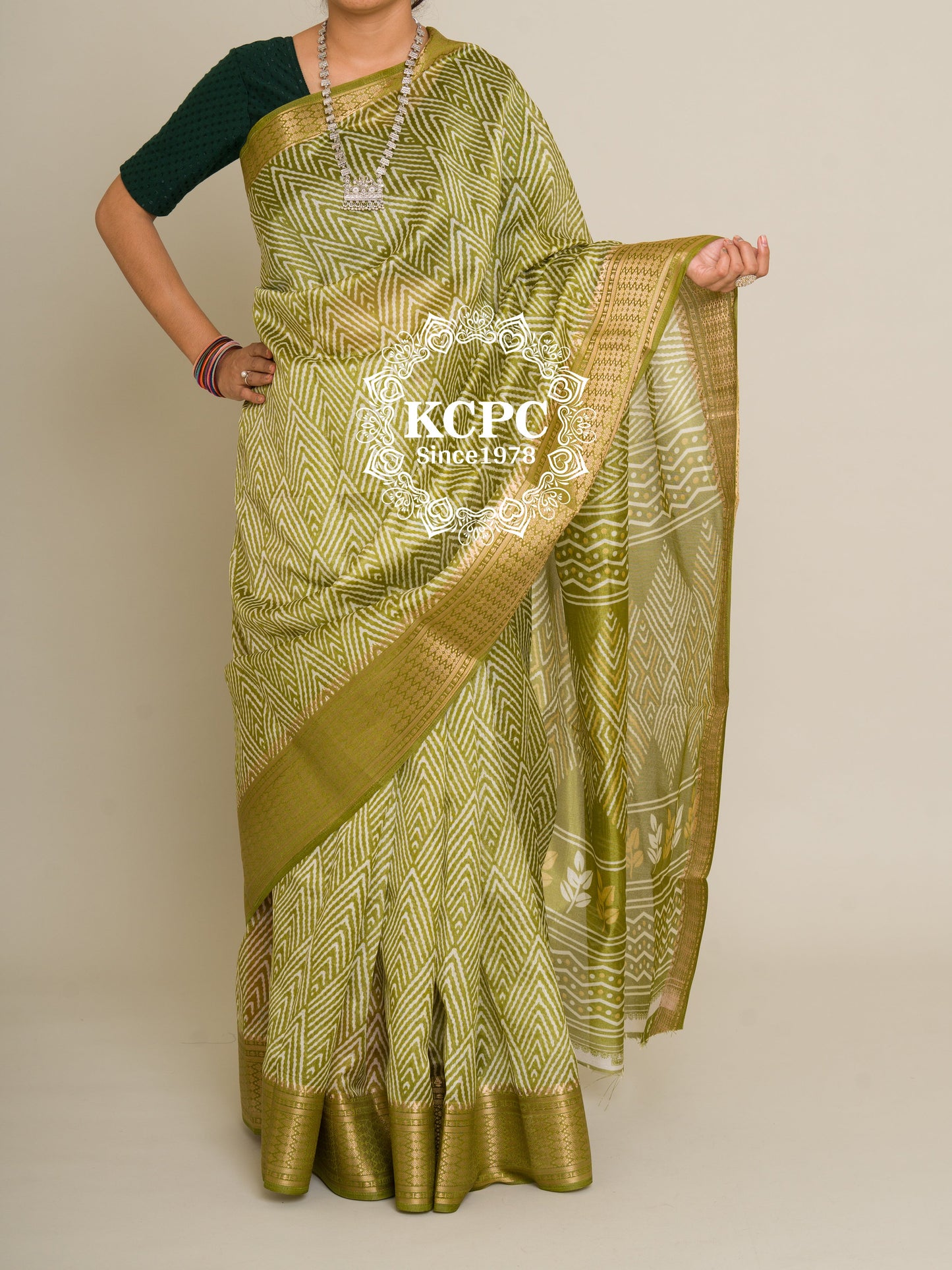 New KcPC Ajrakh Pestel Banarasi Border Cotton Silk Saree with Blouse, SWA