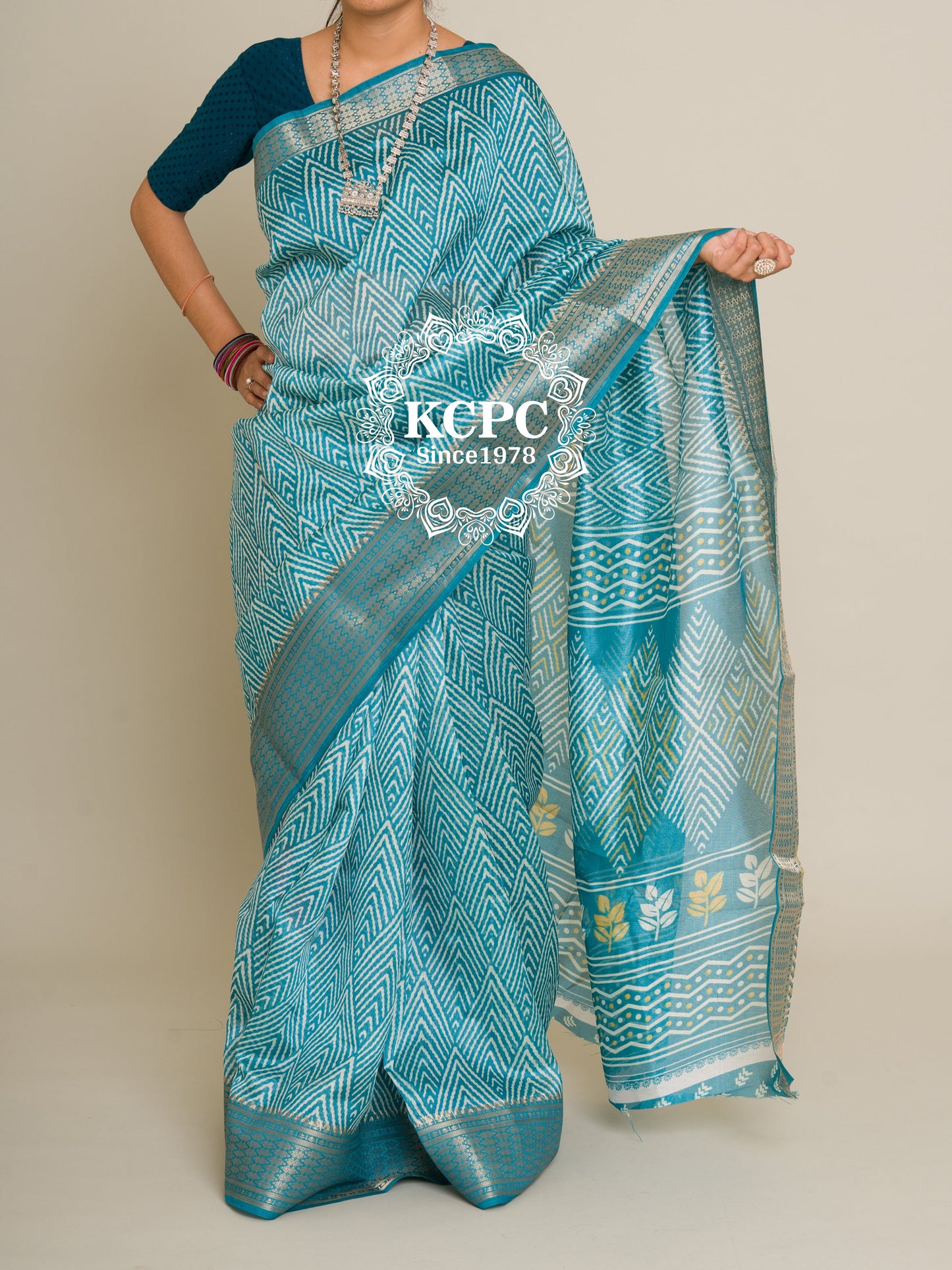 New KcPC Ajrakh Pestel Banarasi Border Cotton Silk Saree with Blouse, SWA