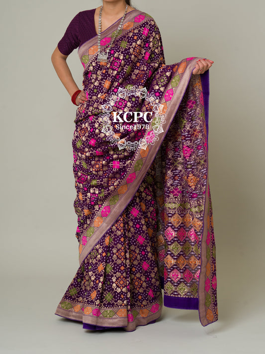 Pure viscose khaddi Georgette meenakari upada janglaw bandhani saree, KCPC, NR