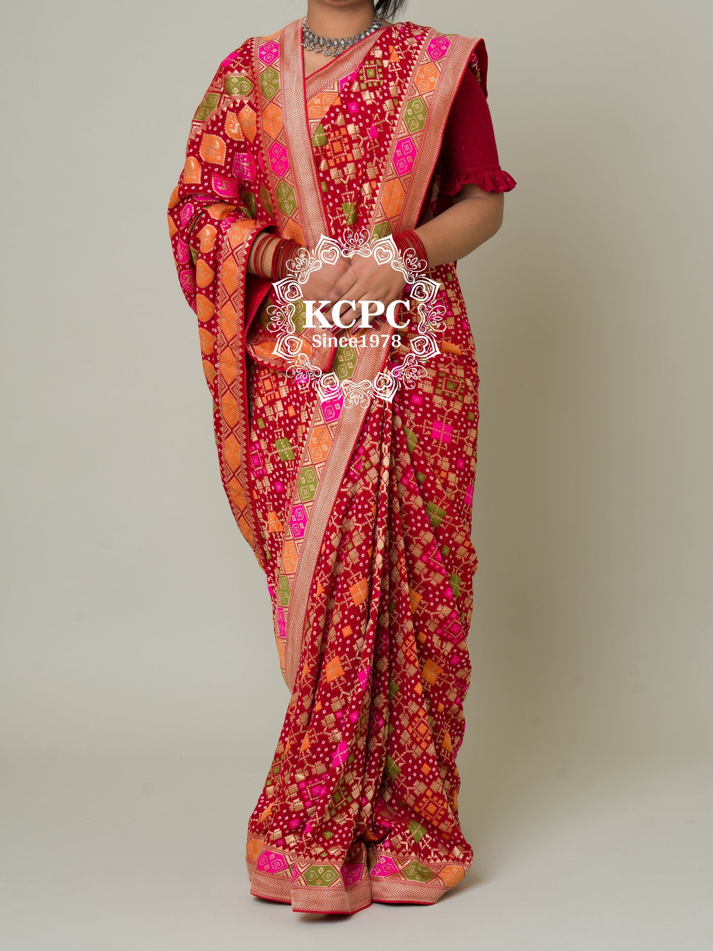 Pure viscose khaddi Georgette meenakari upada janglaw bandhani saree, KCPC, NR