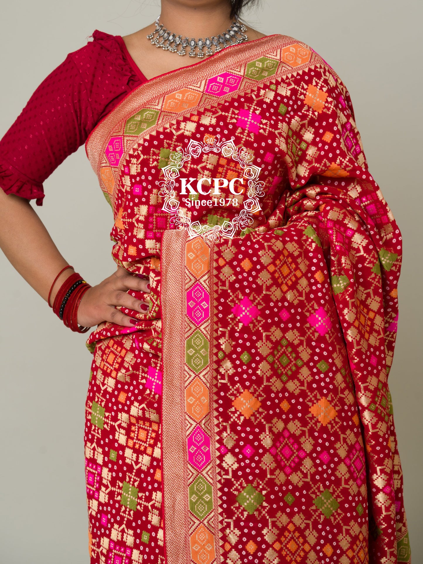 Pure viscose khaddi Georgette meenakari upada janglaw bandhani saree, KCPC, NR