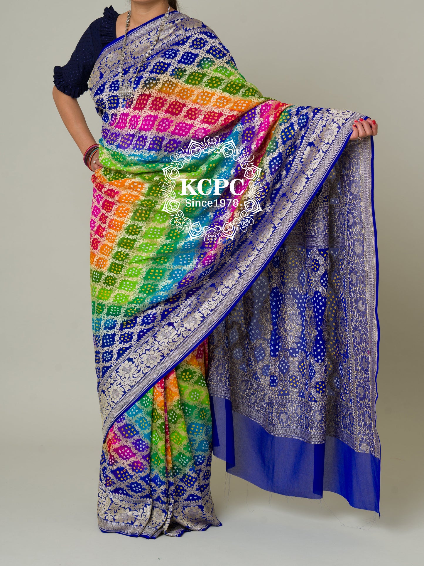 Pure Khaddi Georgette Upada Janglaw Bandhani Neemzari Multi Colour Saree, KCPC, NR