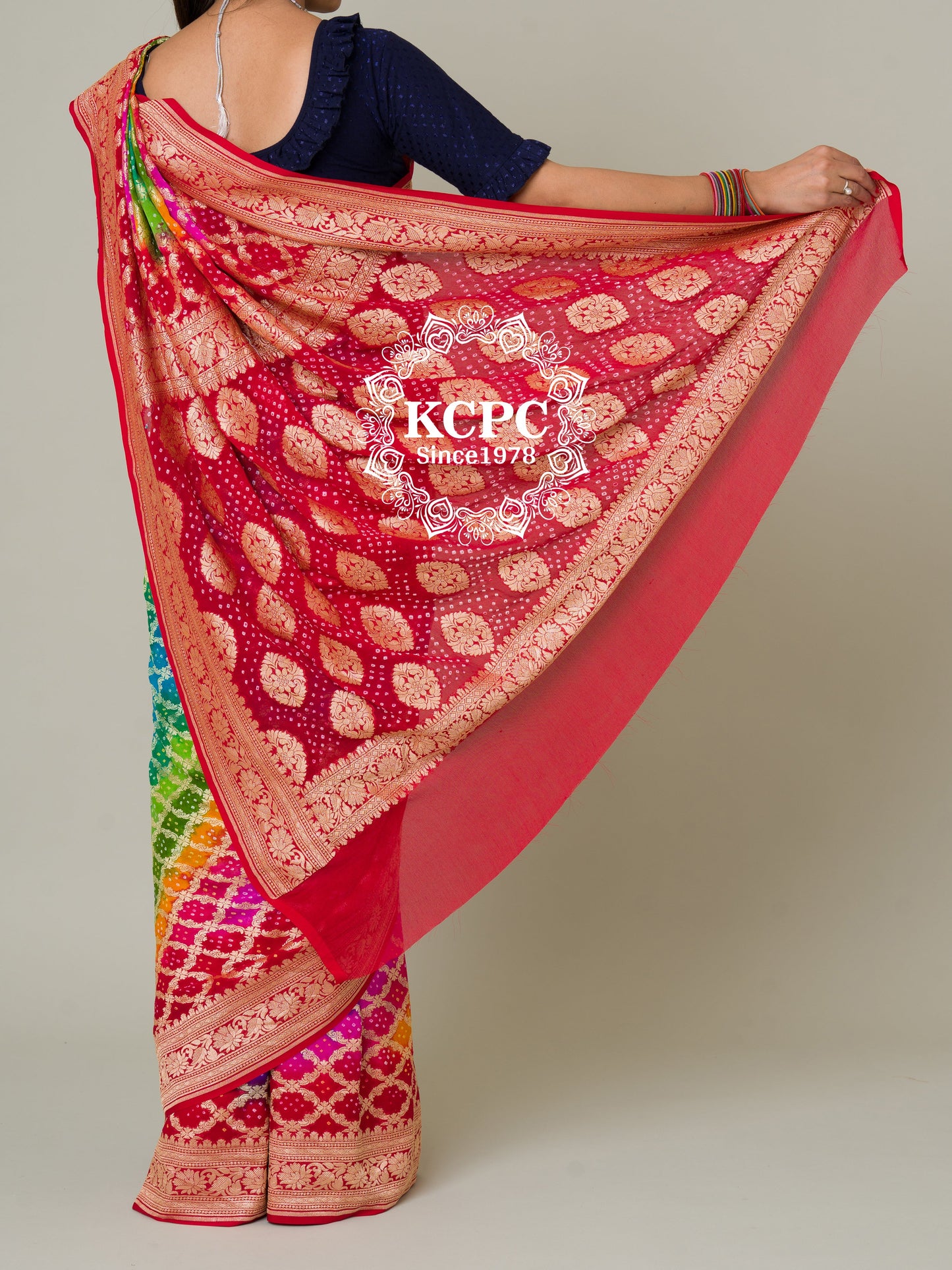 Pure Khaddi Georgette Upada Janglaw Bandhani Neemzari Multi Colour Saree, KCPC, NR