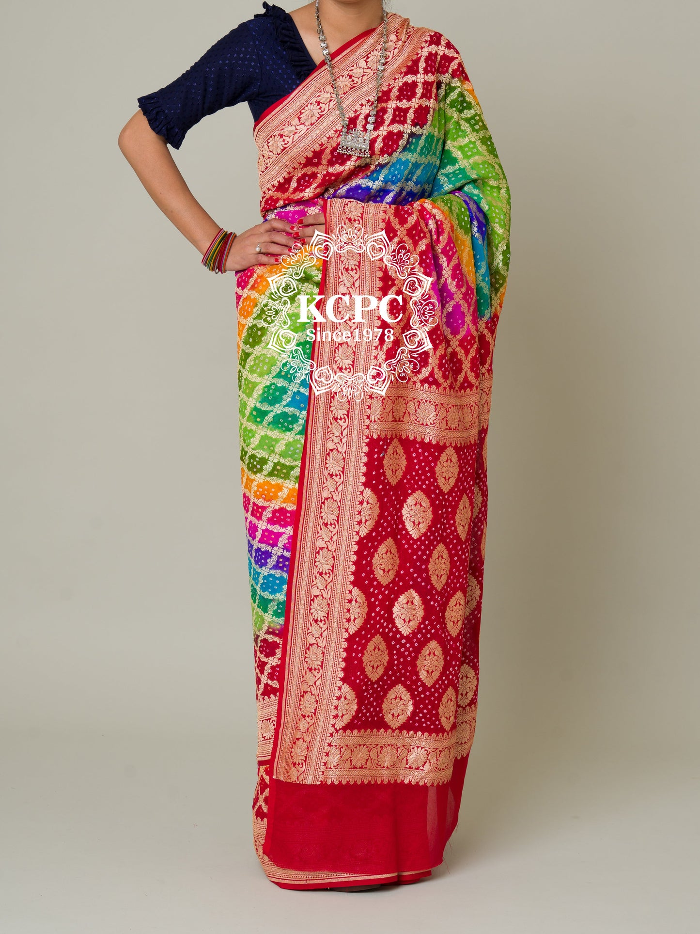 Pure Khaddi Georgette Upada Janglaw Bandhani Neemzari Multi Colour Saree, KCPC, NR