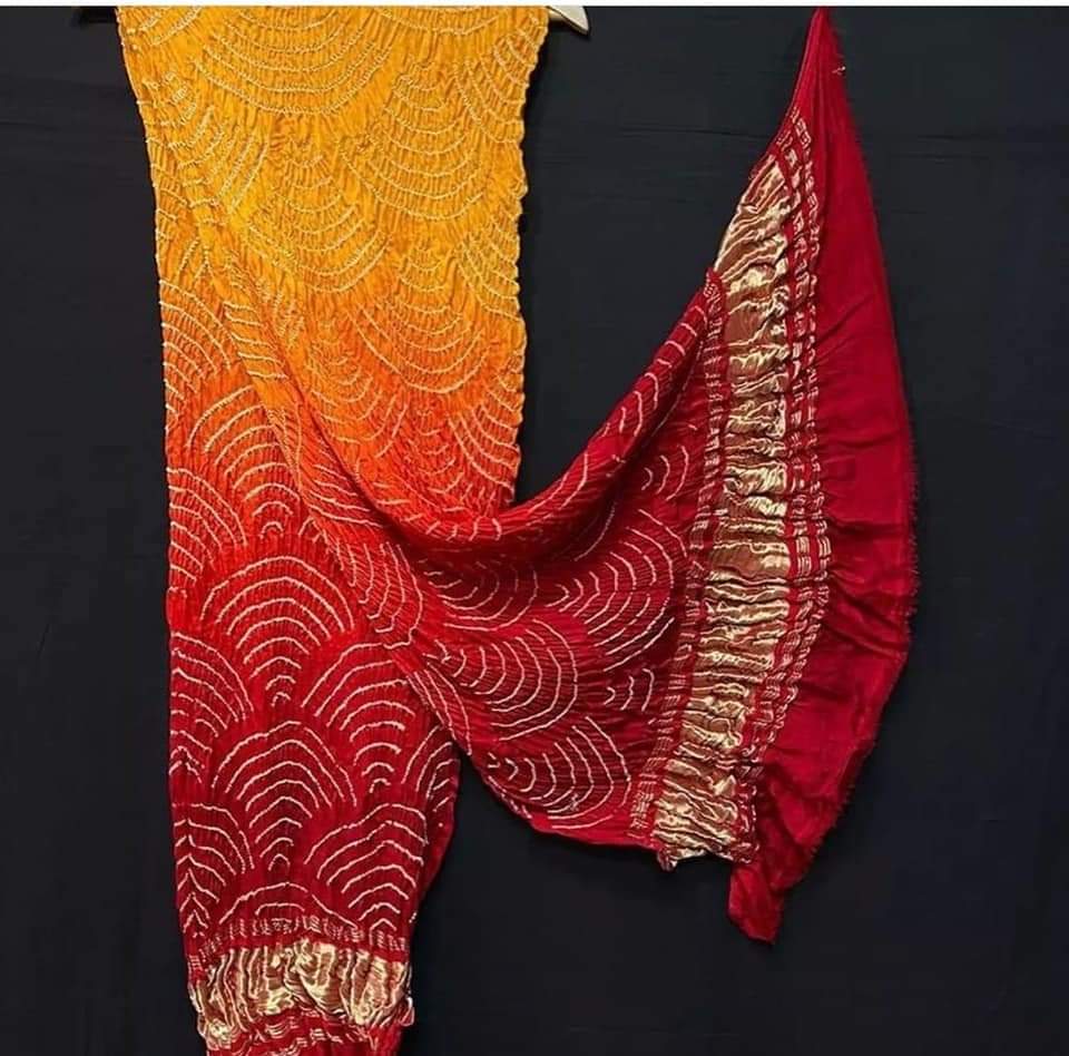 Pure Gaji Silk Bandhani Wifi Dupatta Red Yellow