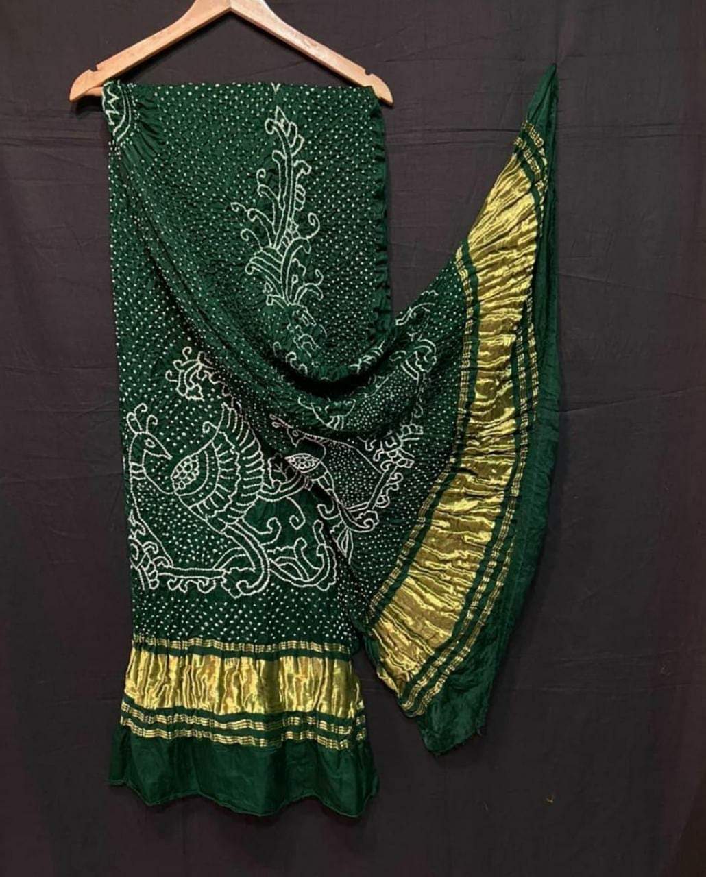 Pure Gaji Silk Peacock Bandhani Dupatta Green