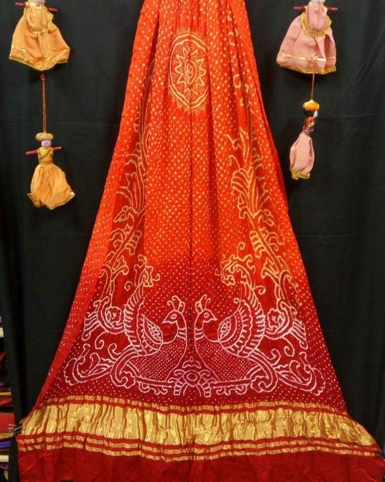 Pure Gaji Silk Peacock Bandhani Dupatta Red Orange