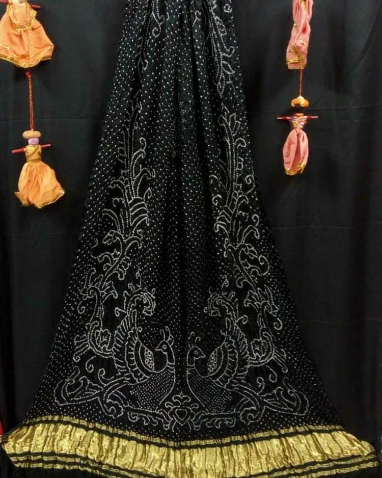 Pure Gaji Silk Peacock Bandhani Dupatta Black