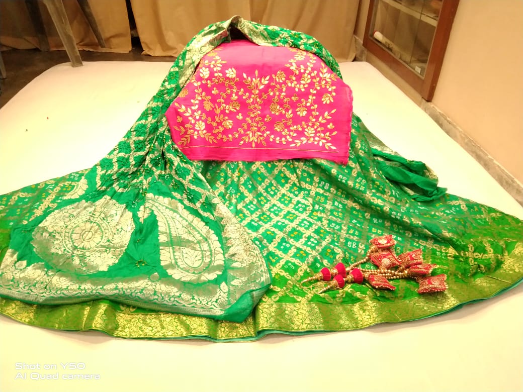 Designer Gharchola Bandhani Lehenga With Heavy Banarasi Dupatta And Gotapatti Work Blouse Fancy