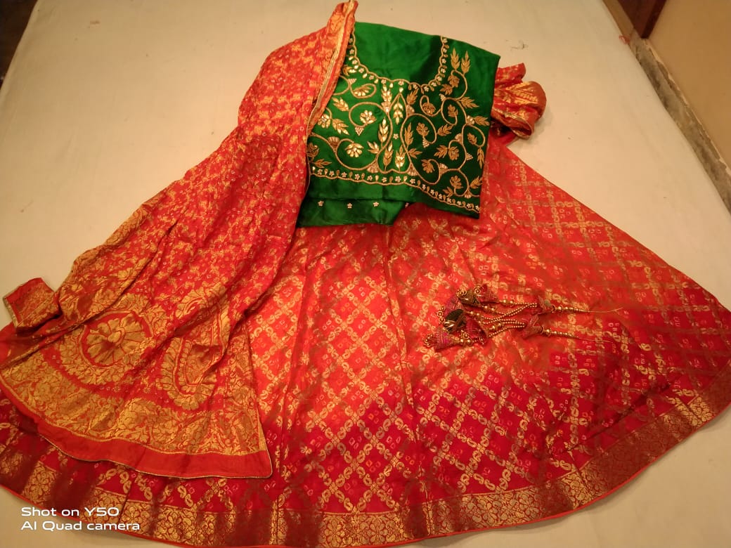 Designer Gharchola Bandhani Lehenga With Heavy Banarasi Dupatta And Gotapatti Work Blouse Fancy