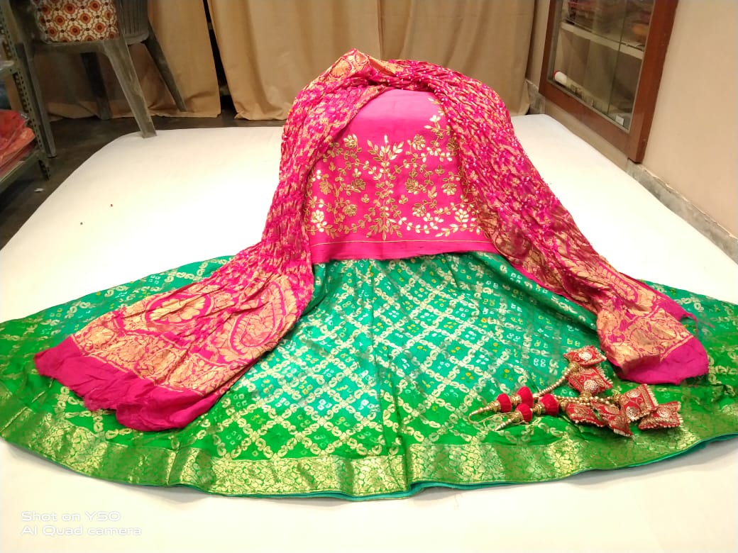 Designer Gharchola Bandhani Lehenga With Heavy Banarasi Dupatta And Gotapatti Work Blouse Fancy