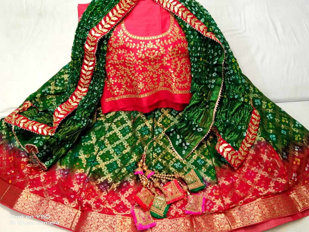 Designer Gharchola Bandhani Lehenga With Heavy Banarasi Dupatta And Gotapatti Work Blouse Fancy