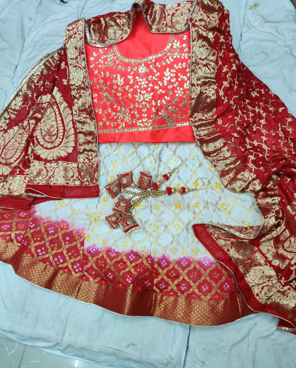 Designer Gharchola Bandhani Lehenga With Heavy Banarasi Dupatta And Gotapatti Work Blouse Fancy