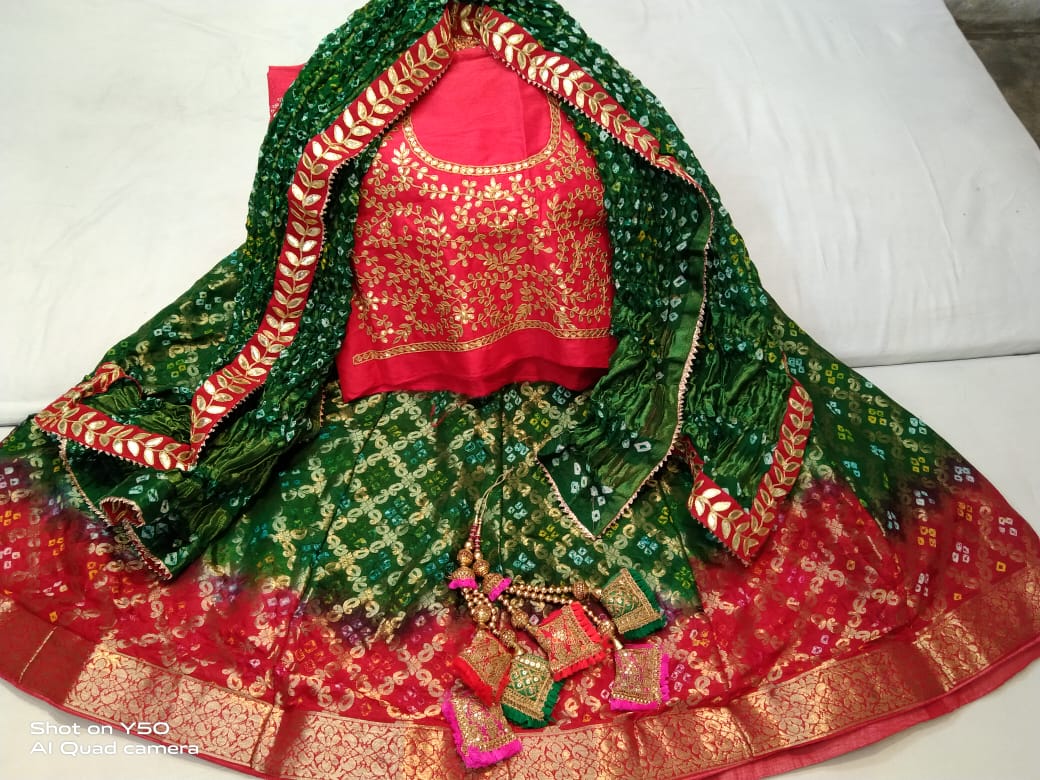 Designer Gharchola Bandhani Lehenga With Heavy Banarasi Dupatta And Gotapatti Work Blouse Fancy