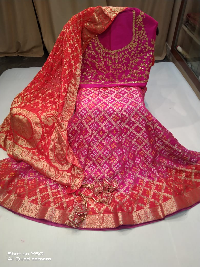 Designer Gharchola Bandhani Lehenga With Heavy Banarasi Dupatta And Gotapatti Work Blouse Fancy