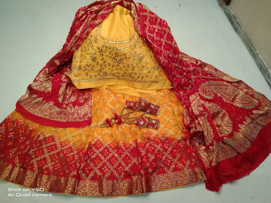 Designer Gharchola Bandhani Lehenga With Heavy Banarasi Dupatta And Gotapatti Work Blouse Fancy