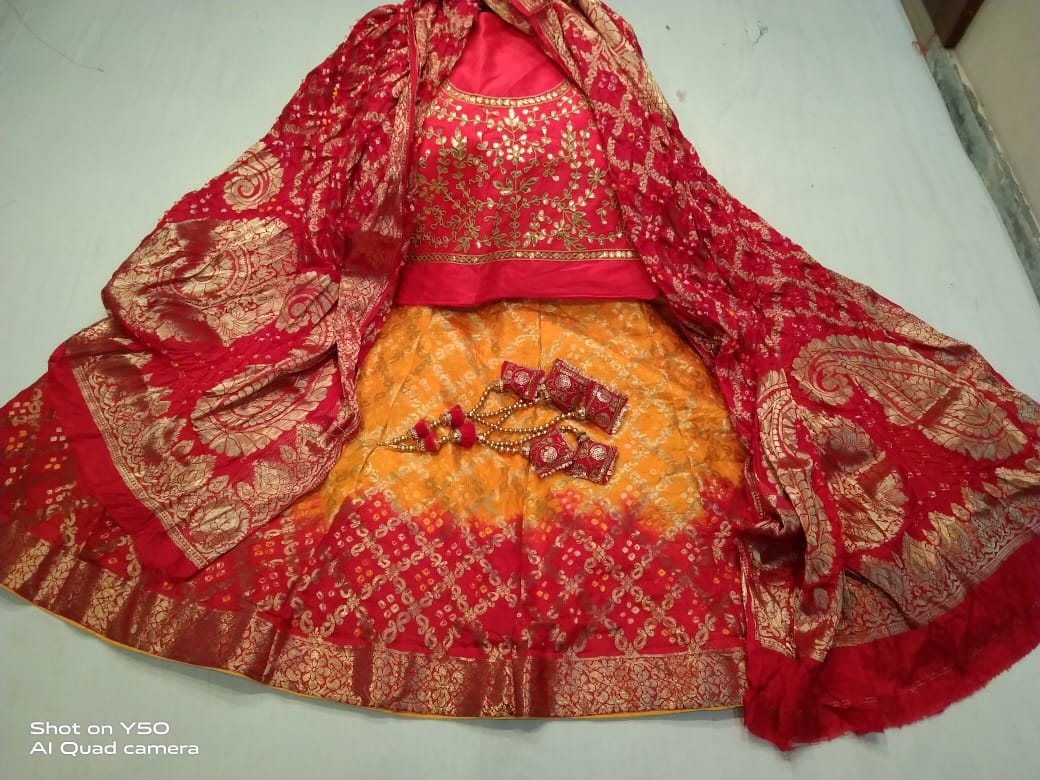 Designer Gharchola Bandhani Lehenga With Heavy Banarasi Dupatta And Gotapatti Work Blouse Fancy