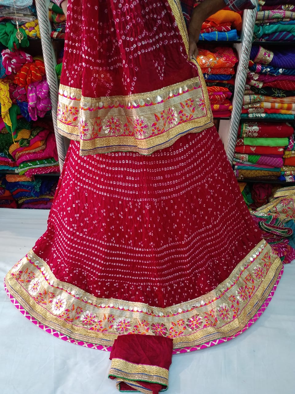 Bandhej Silk Full Stitched Lahnga With Heavy Gotta Patti Border Or Skml Meroon Lehenga