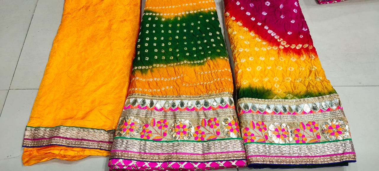 Bandhej Silk Full Stitched Lahnga With Heavy Gotta Patti Border Or Skml Lehenga