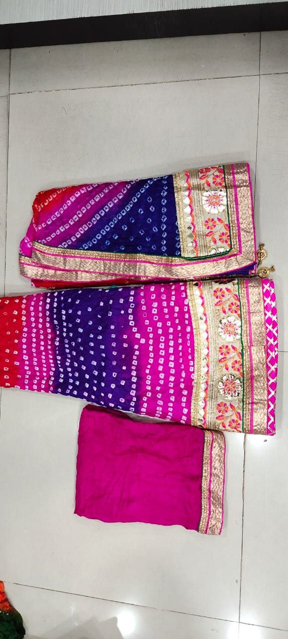 Bandhej silk full stitched lahnga with heavy gotta Patti border, OR, KCPC