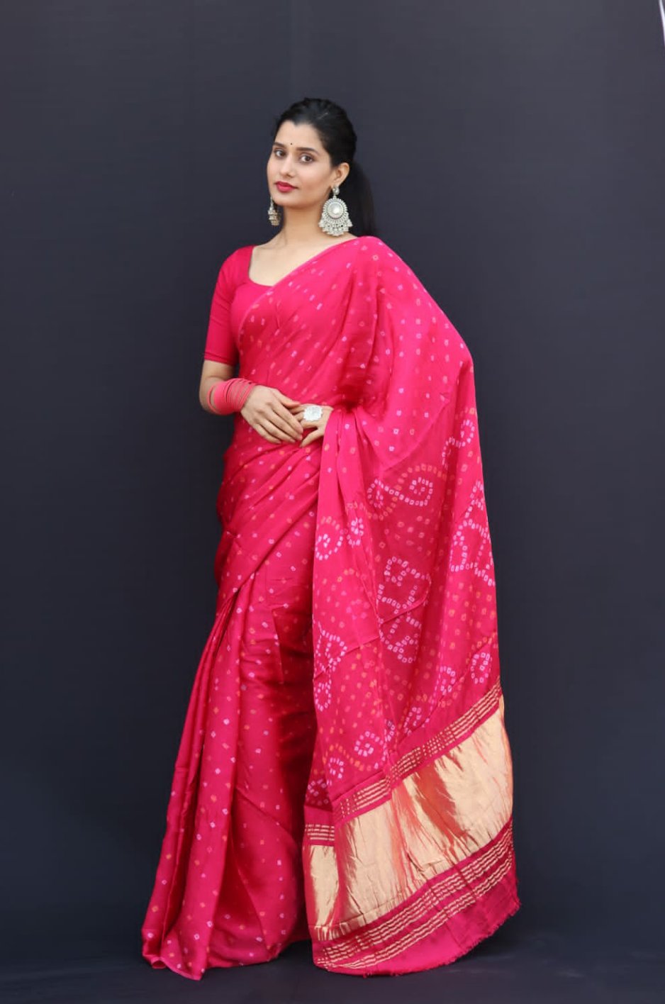 Pink Pure Gaji Silk Bandhej Saree