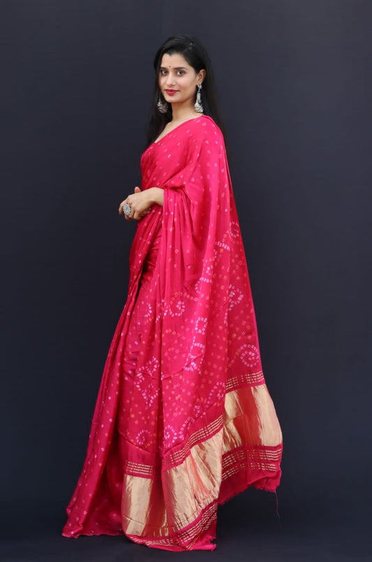 Pink Pure Gaji Silk Bandhej Saree