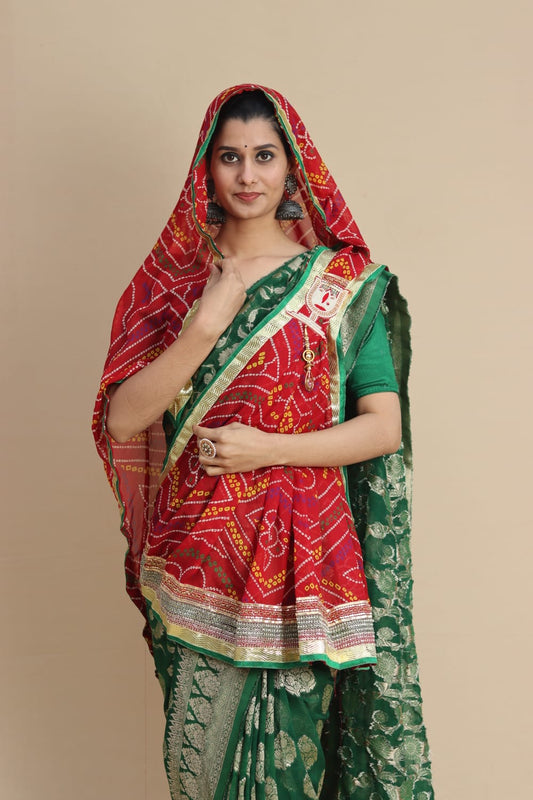 Rajasthani Moss crape chunri stole with Rani sati dadi broach