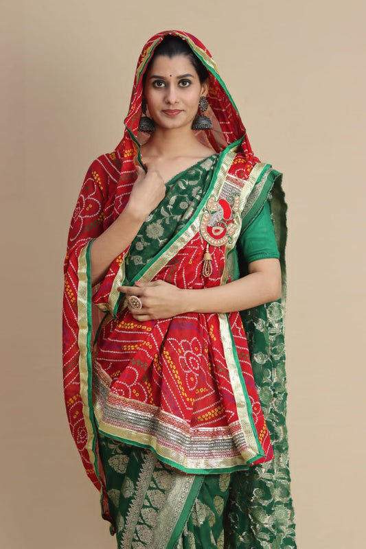 Rajasthani Moss crape chunri stole with kolkata broach