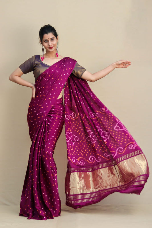 Pure Gaji Silk Wine Bandhani Saree with blouse