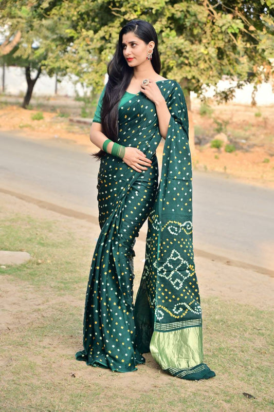 Pure Gaji Silk Bottle Green Bandhani Saree with blouse