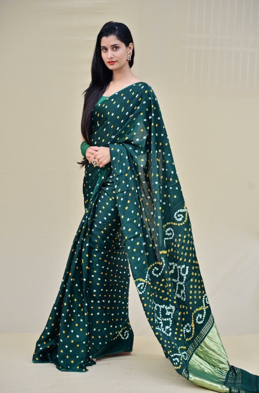 Pure Gaji Silk Bottle Green Bandhani Saree with blouse