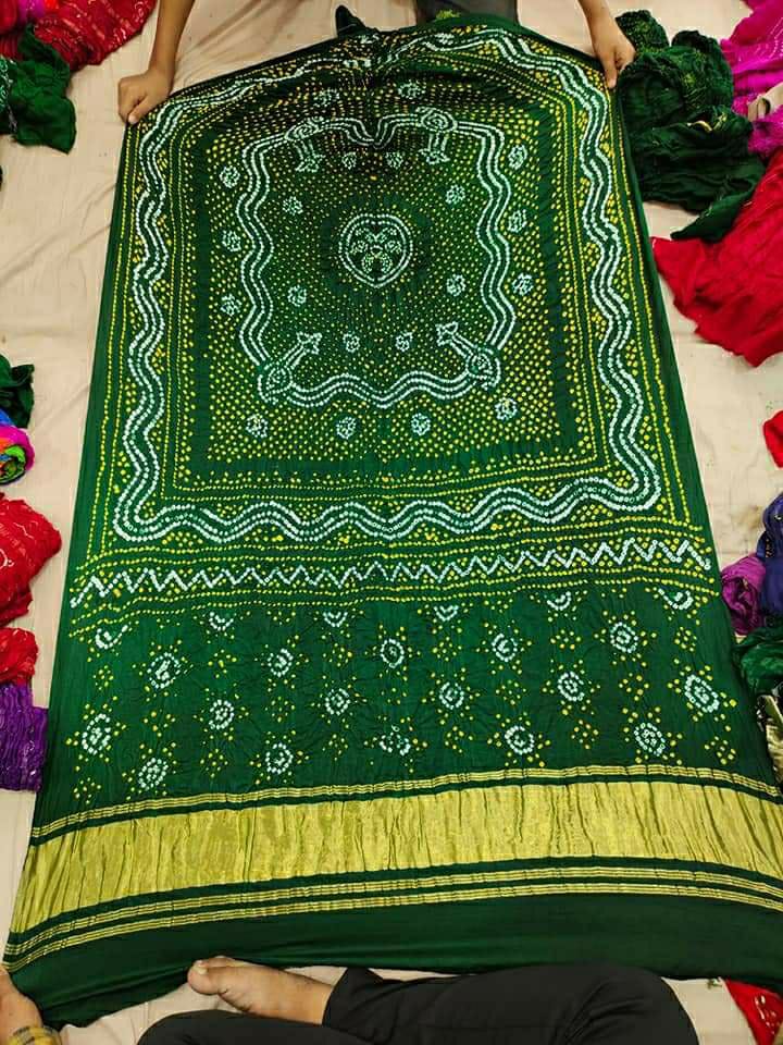 Pure Gaji Silk Bandhani Chandokhani Dupatta Green Dupatta