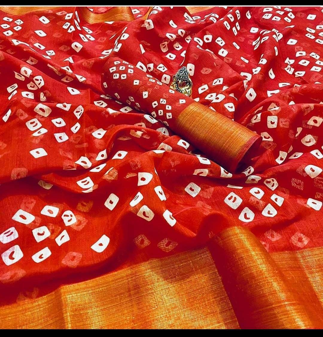 Linen Cotton Bandhani Sarees with Blouse