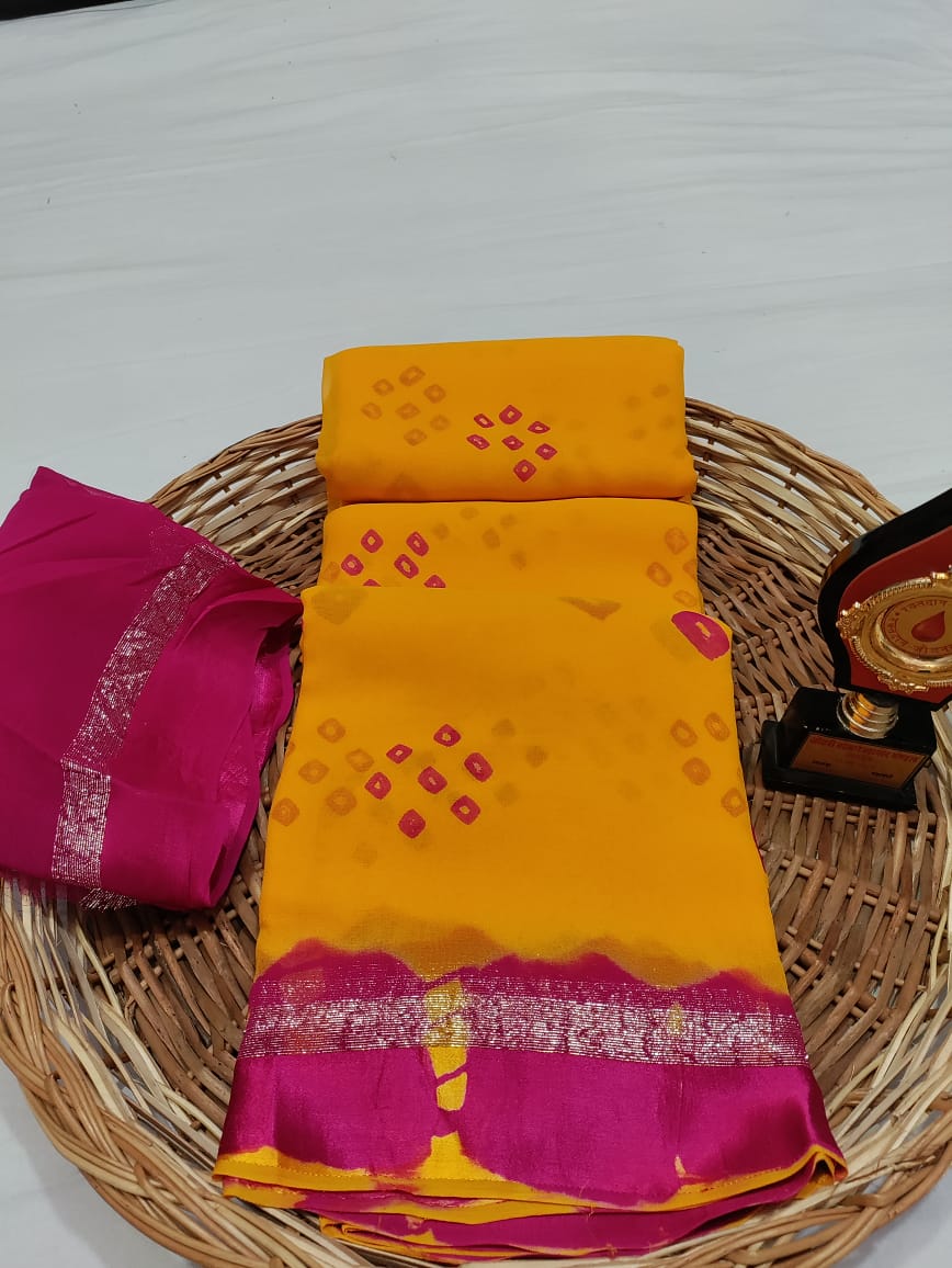 Pure Georgette Bandhani Saree Rtk Yellow