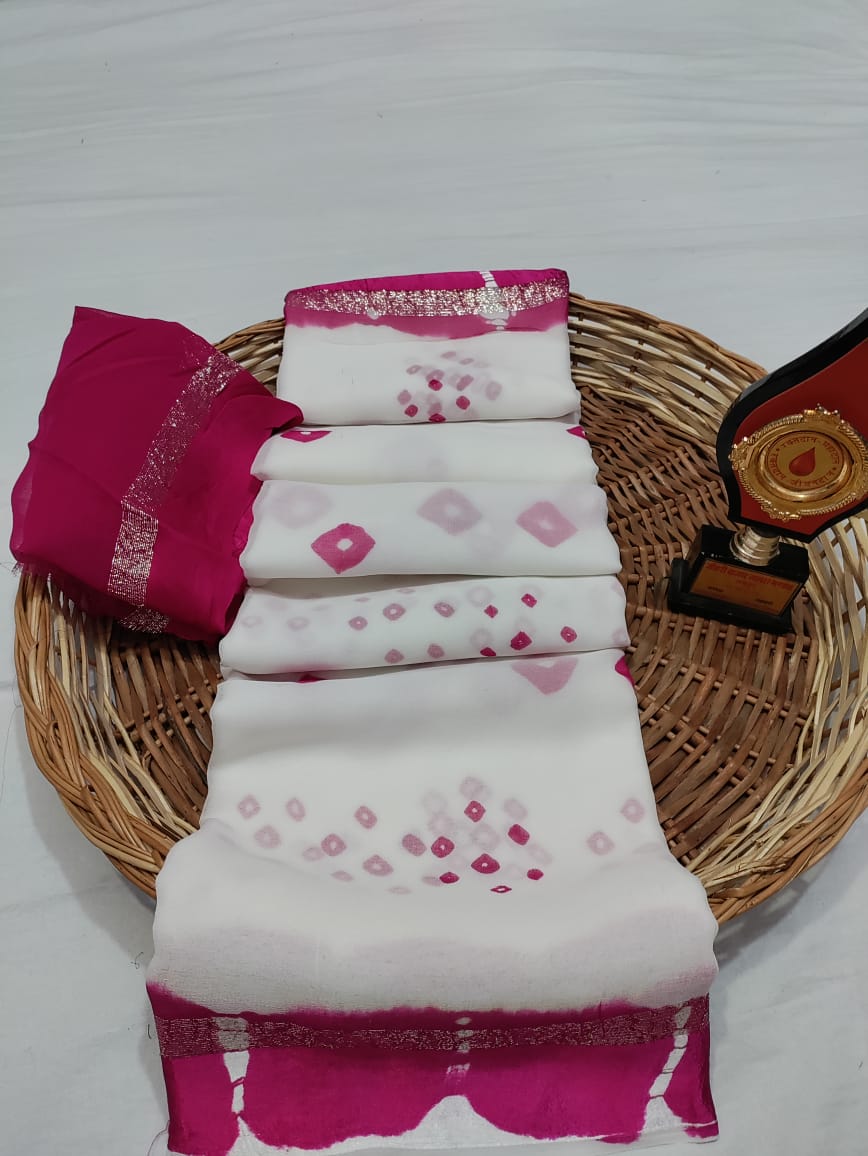 Pure Georgette Bandhani Saree Rtk White Pink