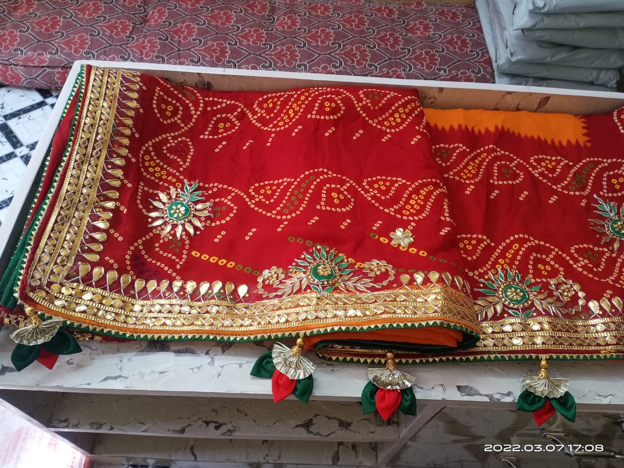 PK HUB Women's Jaipuri Art Silk Bandhej Rajasthani Bandhani Multi Dupatta  with Gota Patti Lace