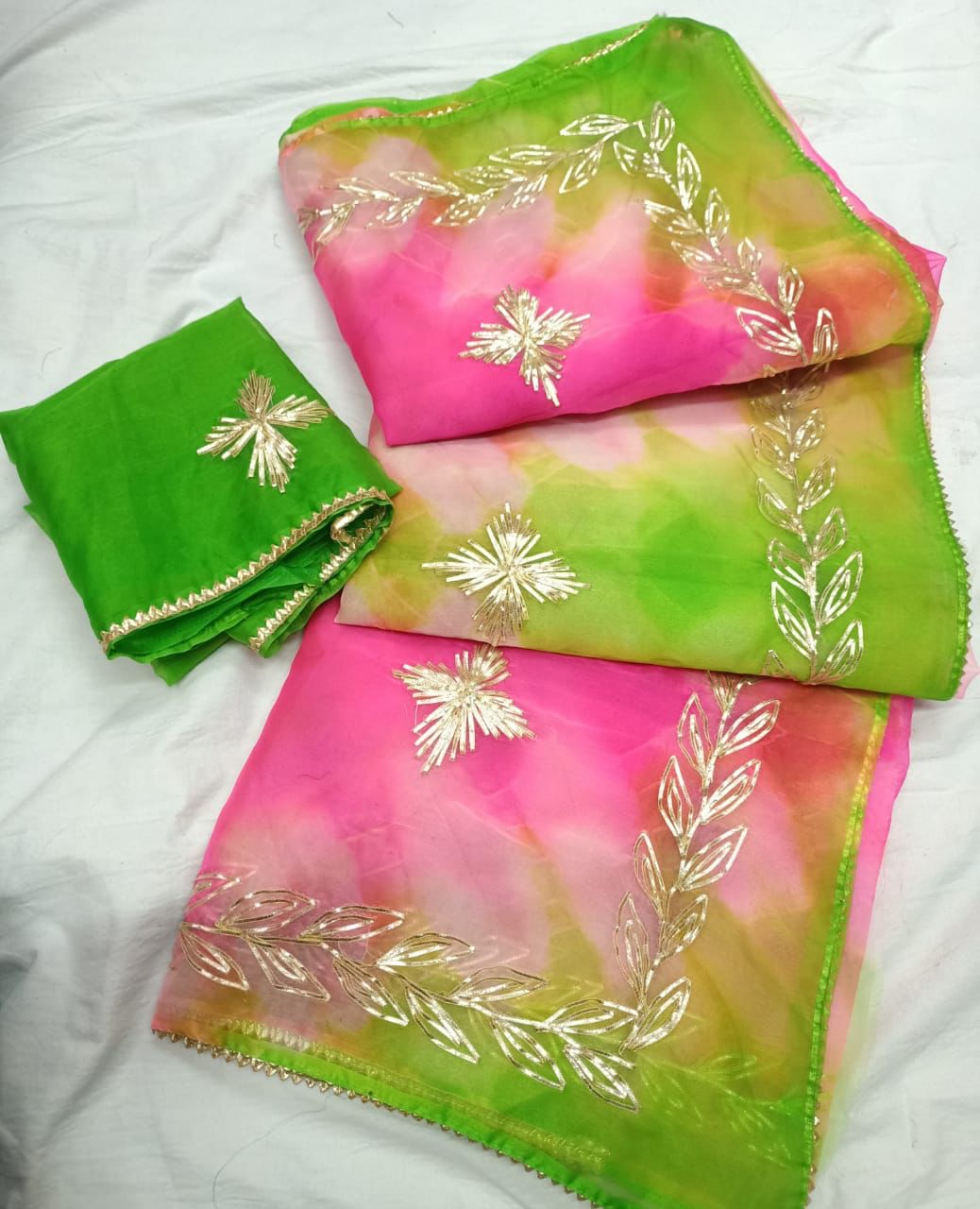 Pink Gota Work and Floral Print Organza Saree – Beatitude