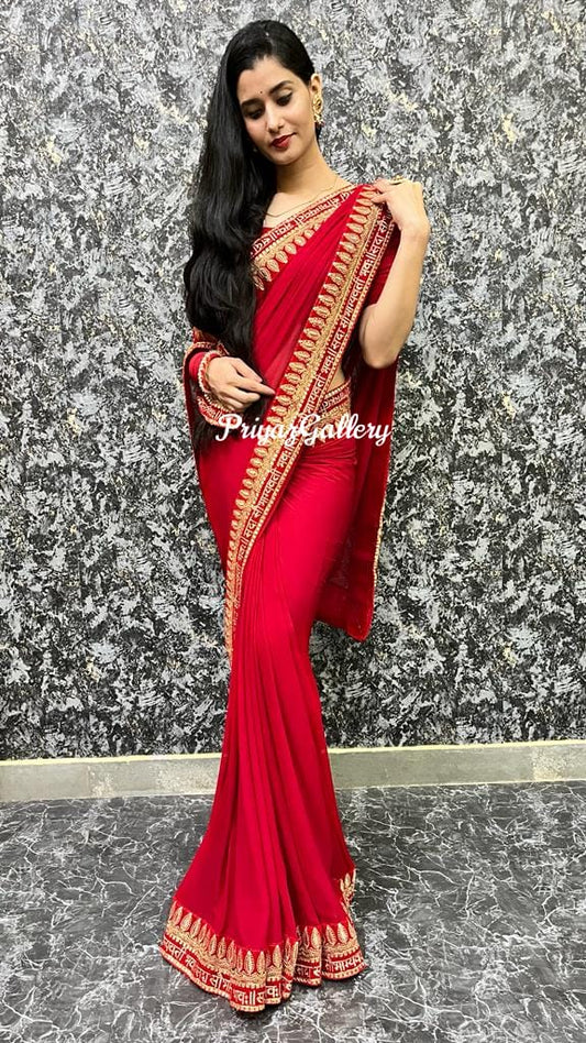 Red Pure Georgette Bridal Saree with blouse