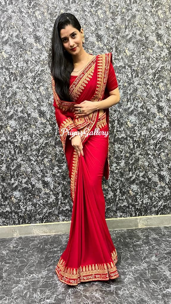 Buy Online Red Embroidered Designer Saree with Grey Embroidered Blouse –  Pure Elegance