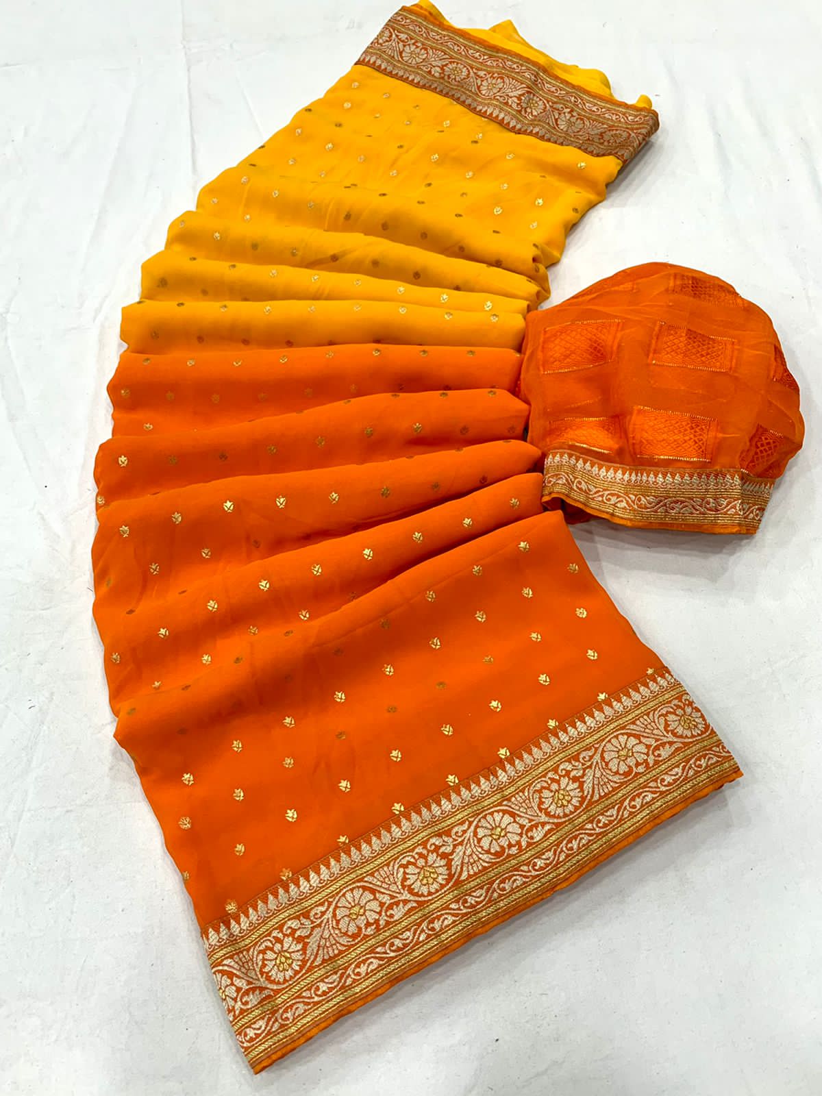 Georgette Gold Foil Banarasi Border With Blouse Nr Vjt Yellow Orange Saree
