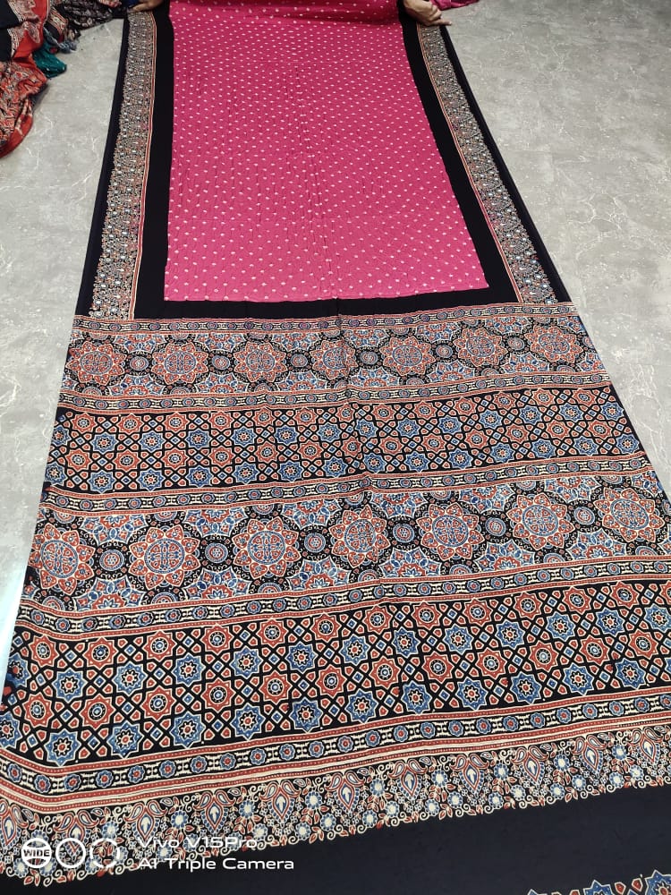 Pure Ajrakh Bandhani Modal Silk Saree, NR, Aslm
