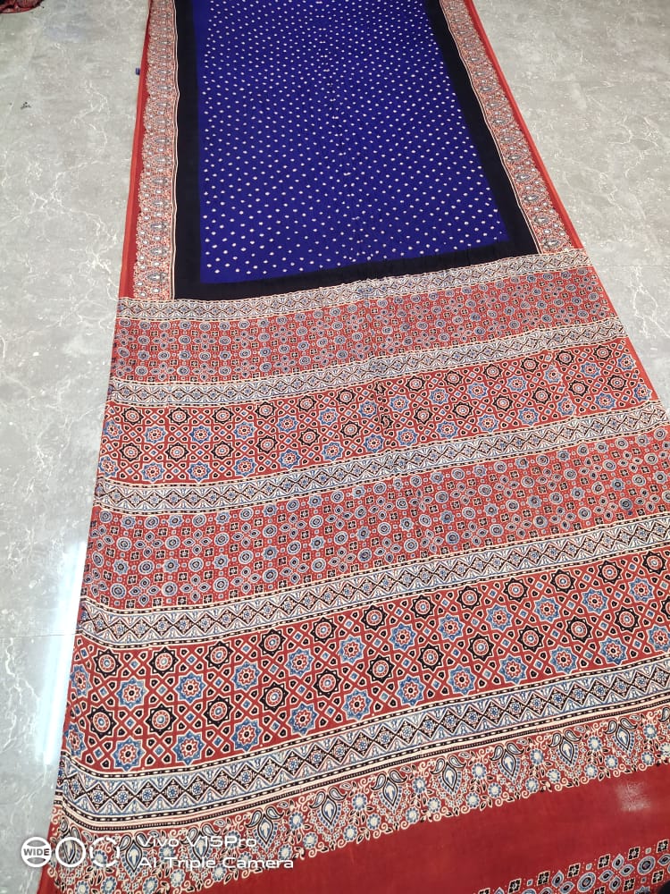 Pure Ajrakh Bandhani Modal Silk Saree, NR, Aslm