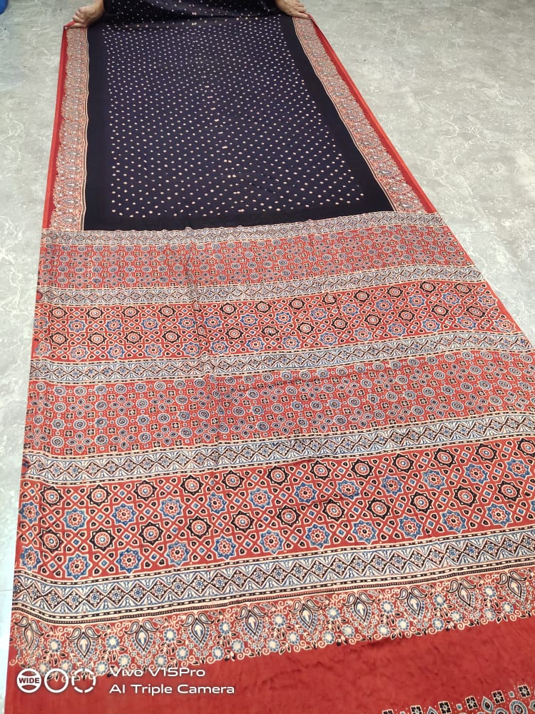 Pure Ajrakh Bandhani Modal Silk Saree, NR, Aslm
